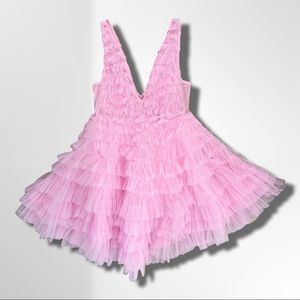 EUC Kikiriki Plunge Neck Pink Tulle Ruffle Mini Dress
